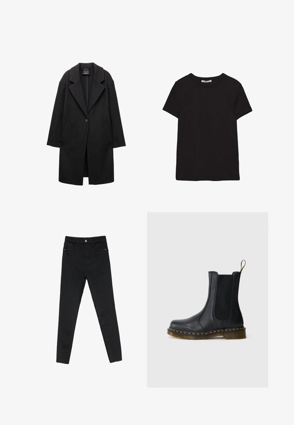 Sort enkeltknap lang frakke med brede revers og to sidelommer, præsenteret på en hvid baggrund.; Sort kortærmet t-shirt i bomuld med rund halsudskæring, standard pasform og synlig indvendig halsmærkat.; Sorte skinny jeans lavet af denim, med høj talje, fem-lomme design og rå kant ved anklerne. Klassisk knap- og lynlåslukning.; Sort læder Chelsea-boot med elastiske sidepaneler, struktureret overflade, gul syning og en holdbar, let gennemsigtig gummisål.