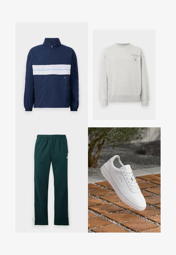 Mørkeblå pulloverjakke med højt krave, med en hvid vandret stripe og lyseblå detaljer hen over brystet. Elastiske manchetter.; Lysegrå crewneck-sweatshirt med lange ærmer og lille "ellesse Italia" logo på øverste venstre bryst.; Mørkegrønne sweatpants med elastisk hænger og hvide striber, der løber ned ad ydersiden af benene.; Hvid Lacoste-sneaker med snøre, der svæver over trækvadrattæpper og små gråsten, med sløret træ og væg i baggrunden.