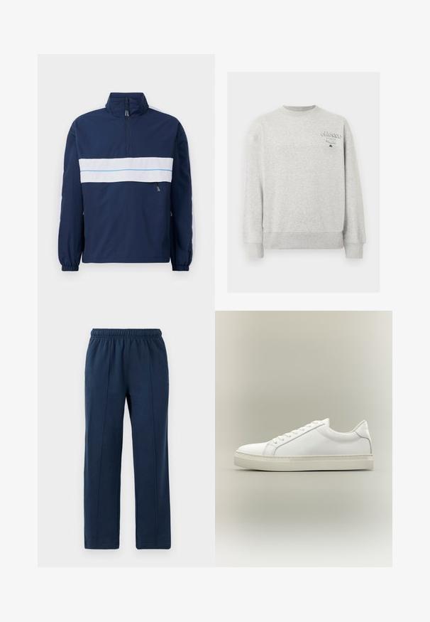 Tumesinine pullover-jakk kõrge kaelusega, millel on valge horisontaalne triip ja helesinine aktsent rinnal. Elastsed mansetid.; Helehall hele ümar kaelusega dressipluus pikkade varrukatega ja väike „ellesse Italia“ logo ülemisel vasakul rinnal.; Tumedates sinised, elastse vööga püksid, millel on mugav lõige. Omavad vertikaalseid õmbluse üksikasju ja pehmet puuvilla tekstuuri.; Valge madala säärega toss, ees paeladega ja paksu taldosa, külje pealt neutraalsel taustal.