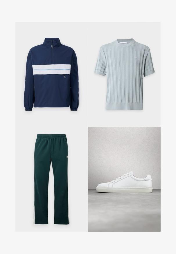 Tumesinine pullover-jakk kõrge kaelusega, millel on valge horisontaalne triip ja helesinine aktsent rinnal. Elastsed mansetid.; Helehall helikootud lühikeste varrukatega särk vertikaalse soonilise tekstuuriga, ümmarguse kaelusega ja vasakul rinnal väikese tikitud logoga.; Tumedat rohelised dressipüksid elastse vöökohtaga ja valgete triipudega, mis kulgevad pükste välisk külgedel.; Valge tennisetoss, millel on sile nahk pealis ja madal profiil. Omab ümarat ninaosa, kuut silmust ja tekstuuriga kummist talda.