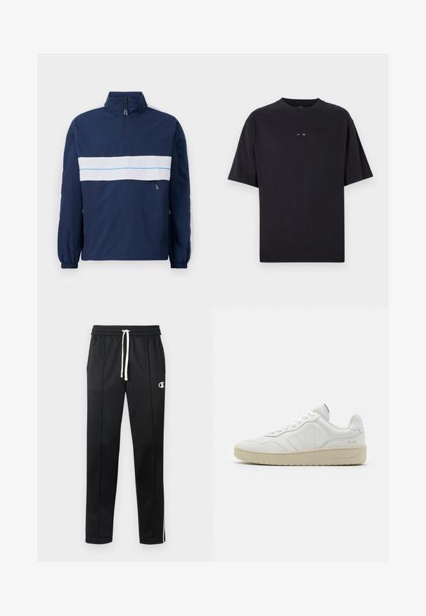 Marineblauwe pullover jas met een hoge kraag, voorzien van een witte horizontale streep en lichtblauwe accenten over de borst. Elastische mouwen.; Oakley RISE TEE - T-shirt basic - blackout; Zwarte sportbroek met witte trekkoord, zijstrepen, voorzakken en een klein wit Champion-logo op de linkerdij.; Witte leren sneakers met een gestructureerde afwerking en een gevoerde kraag. Voorzien van een beige rubberen zool en subtiele branding op de hiel en zijkant.