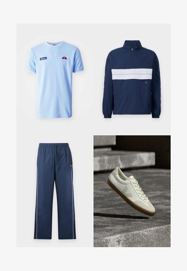 Tumesinine pullover-jakk kõrge kaelusega, millel on valge horisontaalne triip ja helesinine aktsent rinnal. Elastsed mansetid.; Ellesse BELVIDER TEE - Trükipildiga T-särk - light blue; Tumesinised dressipüksid elastse vöökohaga, paelaga, valgete küljeribadega ja väikese logoga vasaku ülaosa peal.; Valged nahast tennised pruunika kummist tallaga, lamedate paeltega ja V-kujulise aktsendiga küljel. Omaduseks on sile pind ja minimaalsed õmblused.