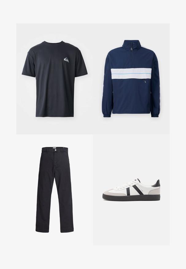 Marineblaues Pullover-Jackett mit hohem Kragen, ausgestattet mit einem weißen horizontalen Streifen und einem hellblauen Akzent über der Brust. Elastische Bündchen.; Schwarzes T-Shirt mit kurzen Ärmeln aus einem glatten Stoff, mit einem kleinen weißen Logo auf der linken Brustseite. Reguläre Passform mit Rundhalsausschnitt.; Schwarze Hose mit geradem Bein, Knopf- und Reißverschluss vorne, Gürtelschlaufen und vorderen Taschen, dargestellt vor weißem Hintergrund.; Weiße Sneaker mit schwarz- und grau-aczenten, ausgestattet mit einer strukturierten grauen Zehenkappe, schwarzer Gummi-Sohle und flachen weißen Schnürsenkeln. Sauberes Design, minimalistische Stil.