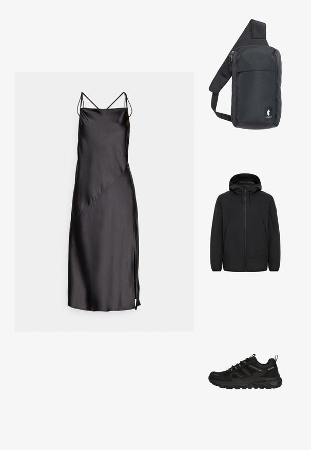 Sort hættetrøje i softshell-materiale. Den har en frontlynlås, to sidelommer og justerbare snore ved hætten.; Sort satin kjole med tynde justerbare stropper, en glat tekstur, skrå sømme og en sideslids for ekstra detalje.; Sort vandtæt sportsko med en struktureret mesh-overdel, gummisål, elastiske snørebånd og minimale reflekterende detaljer for synlighed.; Sort crossbody taske lavet af slidstærkt stof, med en polstret, åndbar rem, lynlåslommer og en logomærkat foran.