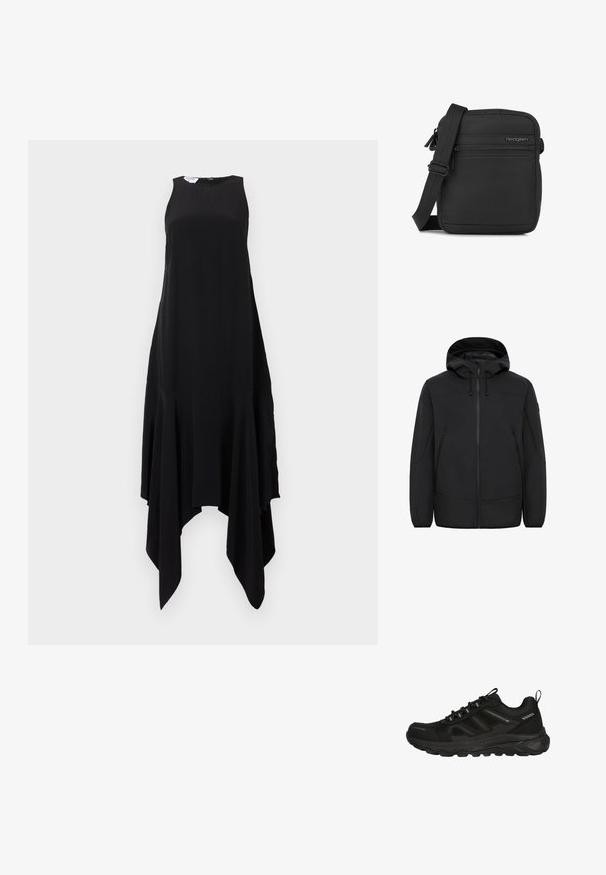 Chaqueta con capucha negra en material soft-shell. Cuenta con un cierre frontal, dos bolsillos laterales y cordones ajustables en la capucha.; Vestido negro sin mangas con escote alto y dobladillo asimétrico en forma de pañuelo, presentado sobre un fondo claro y liso.; Zapato deportivo negro impermeable con parte superior de malla texturizada, suela de goma, cordones elásticos y mínimos acentos reflectantes para una mayor visibilidad.; Bolso bandolera negro compacto con correa ajustable, bolsillo delantero con cremallera y el logo de Hedgren en superficie de tela lisa.