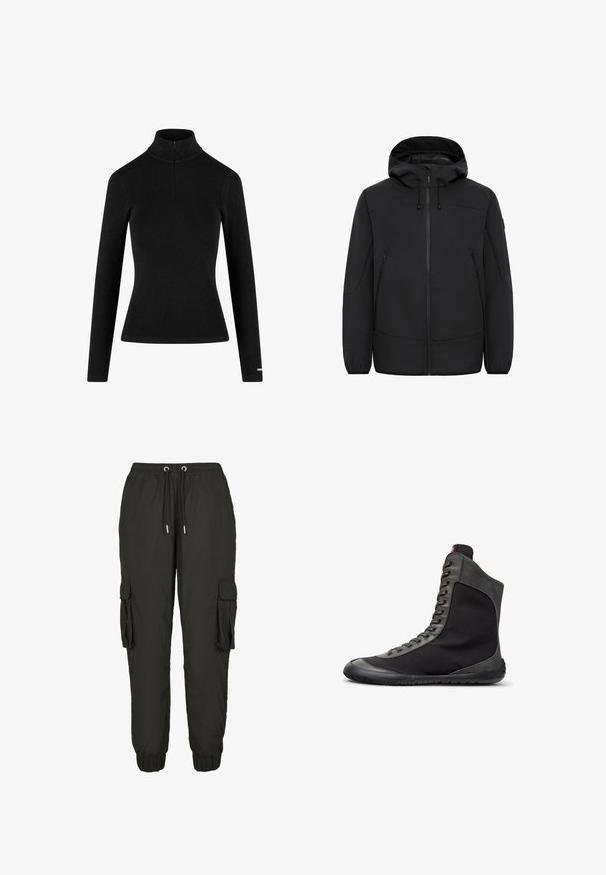 Sort hættetrøje i softshell-materiale. Den har en frontlynlås, to sidelommer og justerbare snore ved hætten.; Sort ribbet langærmet turtleneck med en lynlås i kraven og tætsiddende silhuet, lavet af et blødt, strækbart stof. Minimalistisk design.; Sorte cargo bukser lavet af let materiale, med elastisk talje, justerbar snor, sidelommer og ribbede manchetter.; Sort højtopsneaker med grå ruskindskant, snørelukning foran og en flad gummisål vist i højre sideprofil på hvid baggrund.