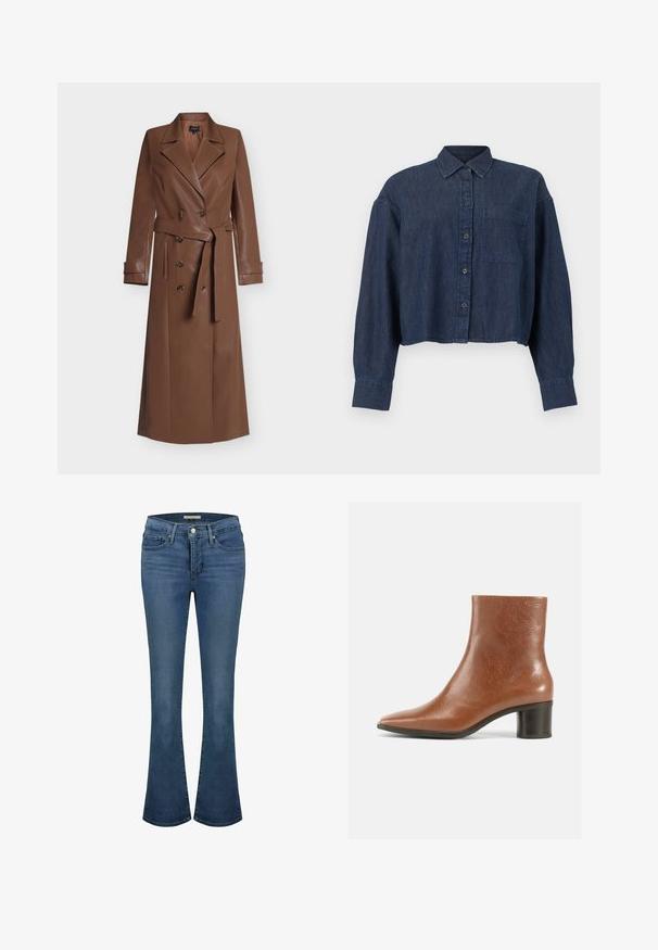 Lang brun læder trenchcoat med dobbeltradede knapper, brede reverser, bælte i taljen og detaljer ved manchetterne, vist på hvid baggrund.; Mørkeblå denim kort skjorte med lange ærmer, knapper foran, krave og en enkelt brystlomme mod en hvid baggrund.; Blå denim flare jeans med en mid-rise talje, har stikninger, to frontlommer og en baglomme.; Brun læder ankelstøvle med spids tå, tekstureret finish og en medium blokhæl. Enkel design uden synlige beslag eller mønstre.