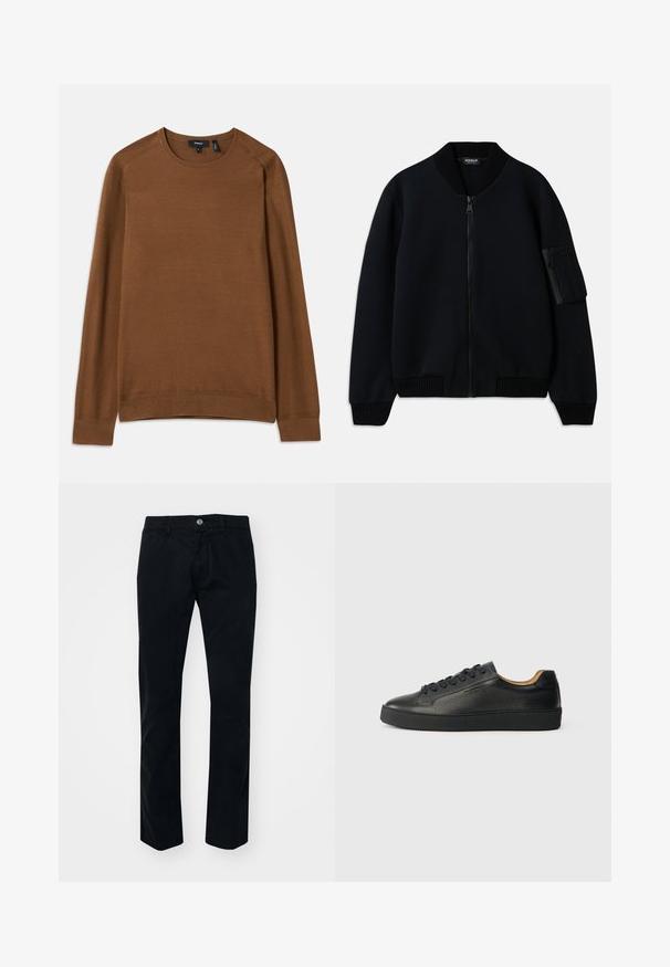 Chaqueta bomber negra con cremallera, cuello y puños acanalados, que cuenta con un bolsillo con cremallera en la manga y una textura suave.; Suéter de punto marrón con cuello redondo, mangas largas tipo raglán y patrón texturizado. Presenta puños y dobladillo acanalados para un ajuste ceñido.; Pantalones rectos negros de algodón. Presentan un cierre frontal con botón, trabillas para el cinturón y una textura suave y mate. Sin patrones visibles.; Zapatilla negra de cuero de caña baja con superficie texturizada, cordones negros y suela de goma gruesa, mostrada de lado sobre un fondo claro.