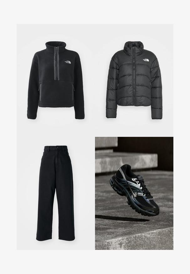 Sort pufferjakke med en cropped design, der har en høj krave, lynlås foran og sidelommer. Lavet af et glat og isoleret materiale.; Sort fleecepullover med høj krave, kvartlynlås, frontlomme og kontrastsyninger. Har The North Face-logo på brystet.; Sorte højtaljede vid ben jeans med frontlommer og knaplukning, præsenteret mod en plain hvid baggrund.; Sort og sølv Nike løbesko svævende over betontrappe, viser detaljeret design og tekstureret sål i udendørs omgivelser.