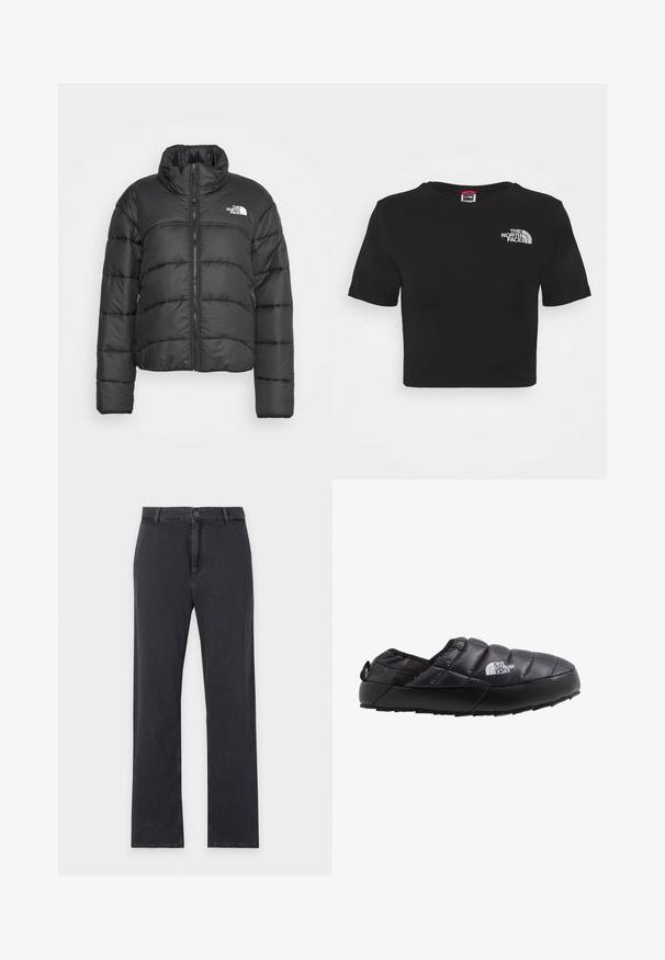 Schwarze Pufferjacke mit einem kurzen Design, ausgestattet mit einem hohen Kragen, einem Reißverschluss und seitlichen Taschen. Hergestellt aus einem glatten, isolierten Material.; Schwarzes, kurz geschnittenes T-Shirt aus Baumwolle mit Rundhalsausschnitt und kurzen Ärmeln. Das Markenlogo ist weiß auf der Brust gestickt.; Schwarze Jeans mit geradem Bein, vorderem Knopf- und Reißverschluss, Gürtelschlaufen und klassischem Fünf-Taschen-Design, flach auf weißem Hintergrund liegend.; Schwarze isolierte Slipperschuh mit gestepptem Obermaterial, Gummisohle und strukturierten Details. Verfügt über eine Zuglasche an der Ferse und Branding an der Seite.