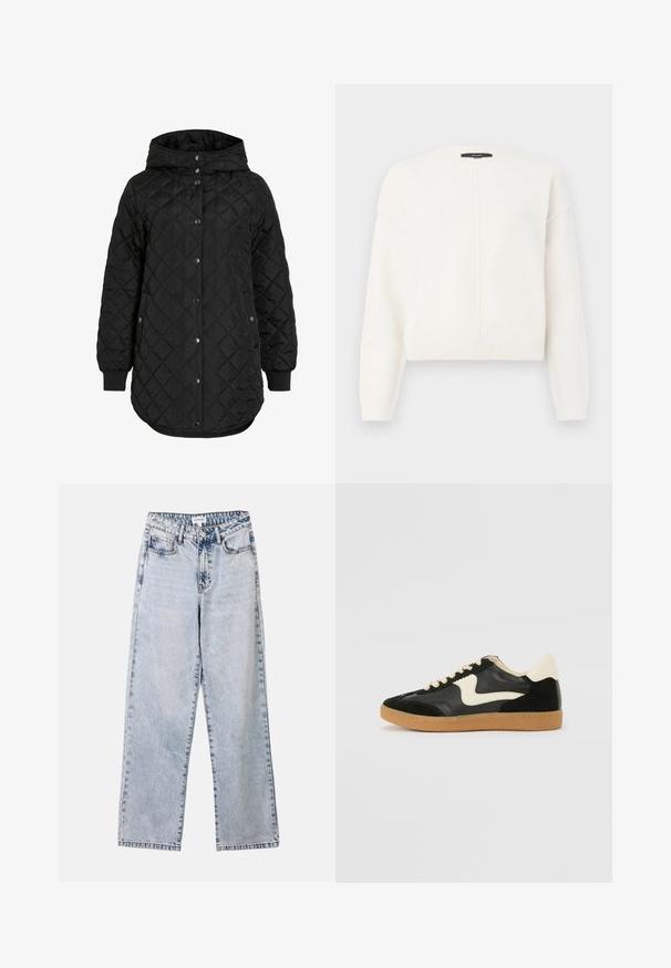 Veste matelassée noire avec capuche, dotée d'une fermeture à boutons, de poignets côtelés et d'un ourlet long. Le tissu est lisse avec une finition mate.; Pull blanc cropped en tissu doux avec un col rond, présentant des coutures d'épaule tombantes et un détail de couture verticale sur le devant.; Jean droit bleu clair en denim, doté de deux poches avant, d'une fermeture à bouton et de coutures contrastées le long des coutures.; Baskets en daim et cuir noir avec un swoosh latéral crème et un talon crème clair. Dotées de lacets beige et d'une semelle en caoutchouc gomme.