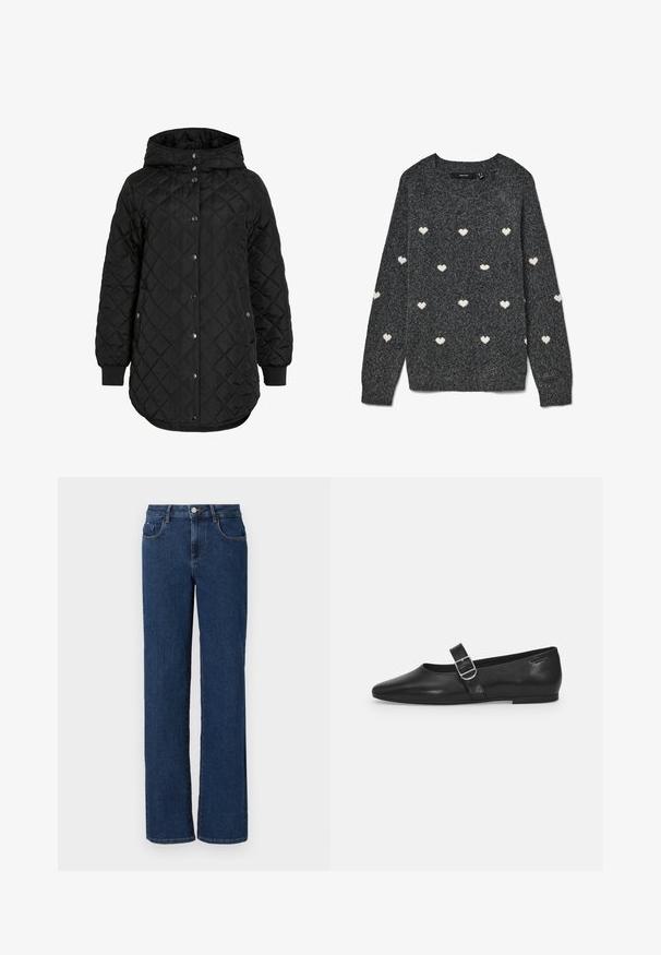 Sort quiltet jakke med hætte, der har knaplukning, ribbede manchetter og en længere forneden. Stofoverfladen er glat med en mat finish.; Grå sweater med rund halsudskæring og lange ærmer, prydet med et gentaget mønster af små hvide hjerter over det hele. Blødt tekstureret stof.; Mørkeblå denim jeans med lige ben, fem lommer, knap- og lynlåslukning samt kontrastsyninger langs sømmene.; Sorte læder flade sko med rund tå, et enkelt justerbart spænde og en glat, blank overflade. Minimalistisk design med en lav hæl.