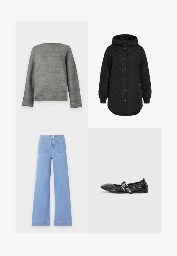 Sort quiltet jakke med hætte, der har knaplukning, ribbede manchetter og en længere forneden. Stofoverfladen er glat med en mat finish.; Grå strikket sweater med rund halsudskæring, sænkede skuldre og ribbede manchetter og kant. Glat tekstur med en ensfarvet overflade og minimal dekoration.; Lysblå vide jeans med høj talje, to baglommer og guldtonede knapper. Lavet af denim med en glat overflade og rent finish.; Sorte læder flade sko med spids tå, samling detaljer omkring åbningen, og en sølv spænde accent på den justerbare rem.