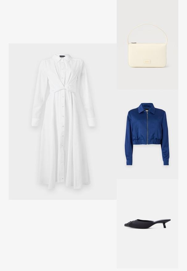 Chaqueta azul recortada de tela suave, con cuello, cierre frontal de cremallera, bolsillos laterales y fruncido elástico en el dobladillo.; Vestido de camisa blanco de manga larga con cuello, cierre de botones en la parte delantera y diseño de cintura anudada; presenta un corte recto y fluido, y una textura suave.; Zapato mule para mujer negra con punta en punta, parte superior de tela, tacón bajo tipo kitten y un lazo decorativo en la parte delantera, mostrado de perfil.; Bolso rectangular color crema con una sola correa y cremallera superior, con una pequeña placa de logotipo en relieve en el frente.