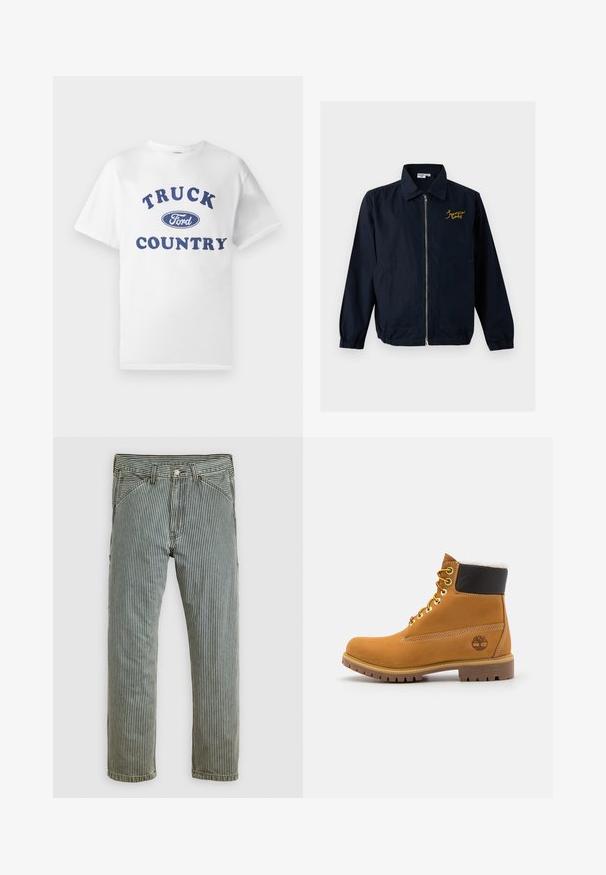 Marineblauwe jas met ritssluiting, elastische manchetten, twee voorkantzakken, kraag en gele geborduurde tekst op de linkerborst.; Witte katoenen t-shirt met blauwe bedrukte tekst "TRUCK COUNTRY" en een blauw ovale "Ford" logo in het midden. Korte mouwen en ronde hals.; Vertical zwart-witte gestreepte rechte broek met voorzakken en lusjes voor een riem, plat weergegeven op een lichte achtergrond.; Bruine leren enkellaars met metalen oogjes, witte faux bont voering, zwarte gewatteerde kraag, robuuste zool en een reliëflogo aan de zijkant.