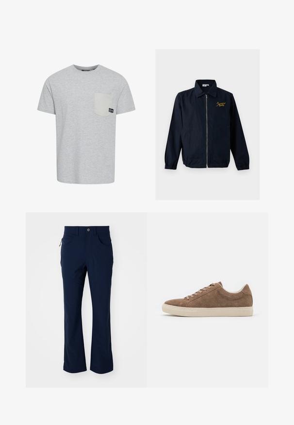 Marineblaue Jacke mit Reißverschluss, elastischen Bündchen, zwei Fronttaschen, Kragen und gelber Stickerei auf der linken Brust.; Graues Kurzarm-T-Shirt aus weichem Stoff, mit einer kontrastierenden hellgrauen Tasche und einem kleinen Logo-Tag in der Nähe der Tasche.; Marineblaue, gerade geschnittene Hosen mit Gürtelschlaufen, Knopfverschluss, vorderen Taschen und einer mit Reißverschluss versehenen Taschenseite auf einem weißen Hintergrund.; Braune Wildleder-Sneaker für die Freizeit mit niedrigem Profil, flacher beige Gummisohle und sechs Schnürlöchern. Abgerundete Zehenform und minimalistisches Design.