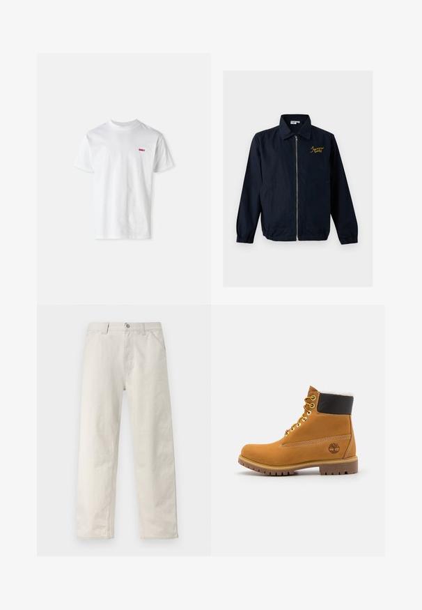 Marineblauwe jas met ritssluiting, elastische manchetten, twee voorkantzakken, kraag en gele geborduurde tekst op de linkerborst.; Witte katoenen t-shirt met een ronde hals en korte mouwen, voorzien van een klein rood "OBEY" logo op de linkerborst.; Lichtbeige rechte broek met subtiele verticale strepen, knoopsluiting aan de voorkant, riemlussen en zijzakken.; Bruine leren enkellaars met metalen oogjes, witte faux bont voering, zwarte gewatteerde kraag, robuuste zool en een reliëflogo aan de zijkant.