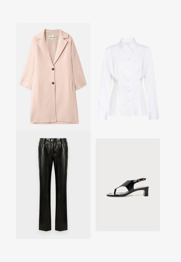 Diane von Furstenberg DIANE COAT - Abrigo clásico - nbare; Blusa blanca de manga larga con botones, cuello puntiagudo, cintura ajustada y etiqueta visible de la marca "Gestuz" en el interior del cuello.; Pantalones rectos de imitación de cuero negro con cierre de botón y cremallera, trabillas para cinturón y bolsillos laterales, exhibidos sobre un fondo blanco.; Sandalia de mujer de piel negra charolada con tacón bajo de bloque, puntera abierta, tira trasera y pequeño cierre con hebilla dorada sobre fondo liso.