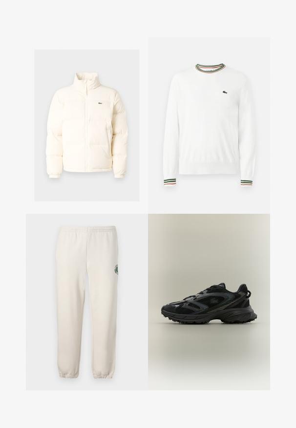 Weiße Daunenjacke mit hohem Kragen, ausgestattet mit einem Frontreißverschluss, elastischen Bündchen und einem kleinen grünen Logo auf der linken Brust.; Weißer Pullover mit Rundhalsausschnitt, versehen mit grünen, roten und orangefarbenen gestreiften Akzenten am Kragen und den Ärmeln. Lacoste-Logo auf der Brust.; Helle beige Sweatpants aus Baumwolle mit einem elastischen Bund, gerippten Bündchen und einem grünen Logo mit Blattdesign am linken Bein.; Schwarzer Sportschuh mit Netz панели, einer strukturierten Sohle, Schnürsenkeln und einer geschwungenen Silhouette mit silbernen Akzenten an den Seiten.