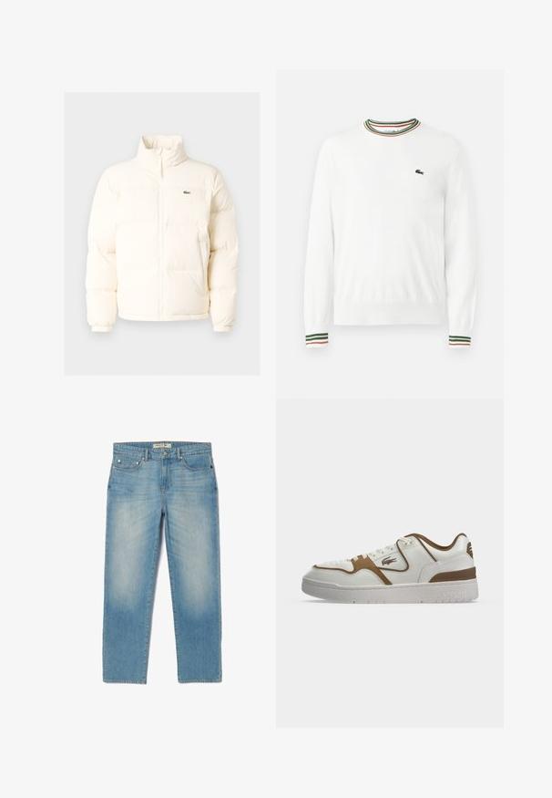 Weiße Daunenjacke mit hohem Kragen, ausgestattet mit einem Frontreißverschluss, elastischen Bündchen und einem kleinen grünen Logo auf der linken Brust.; Weißer Pullover mit Rundhalsausschnitt, versehen mit grünen, roten und orangefarbenen gestreiften Akzenten am Kragen und den Ärmeln. Lacoste-Logo auf der Brust.; Helle blaue Denim-Jeans mit geradem Bein, fünf Taschen und einer leicht abgeriebenen Waschung. Merkmale sind silberne Hardware und ein Markenetikett am Bund.; Weißer und brauner Sneaker mit niedrigem Schaft und Schnürung vorne, Lacoste Krokodil-Logo an der Seite und dicker weißer Sohle mit eingeprägtem Markennamen.