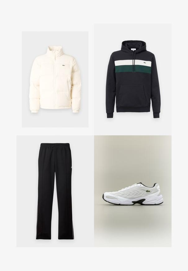 Witte pufferjack met een hoge kraag, voorzien van een ritssluiting aan de voorkant, elastische boorden en een klein groen logo op de linkerborst.; Zwarte hooded sweatshirt met witte en groene horizontale strepen over de borst en een voorzak in kangoeroestijl.; Zwarte sportleggings van volledige lengte met een elastische tailleband en witte zijstrepen, met een klein groen logo aan de bovenkant.; Witte sportieve schoen met een textuur van gaas bovenwerk, gebogen ontwerp en contrasterende zwarte zool. Heeft een groen geborduurd logo aan de zijkant.