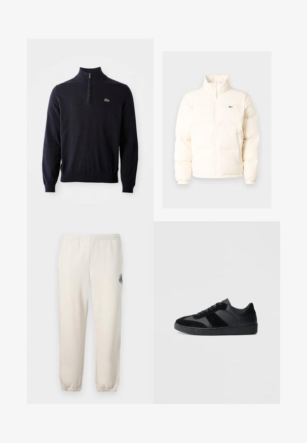 Weiße Daunenjacke mit hohem Kragen, ausgestattet mit einem Frontreißverschluss, elastischen Bündchen und einem kleinen grünen Logo auf der linken Brust.; Dunkelblauer Pullover mit einem Viertelreißverschluss-Kragen, Rippbündchen und -saum, aus weichem Material hergestellt, mit einem kleinen grünen Krokodil-Logo auf der Brust.; Helle beige Sweatpants aus Baumwolle mit einem elastischen Bund, gerippten Bündchen und einem grünen Logo mit Blattdesign am linken Bein.; Schwarze Sneaker aus einer Mischung von glattem Leder und Wildleder, mit einer strukturierten schwarzen Gummisohle und dezenten Streifendetails.