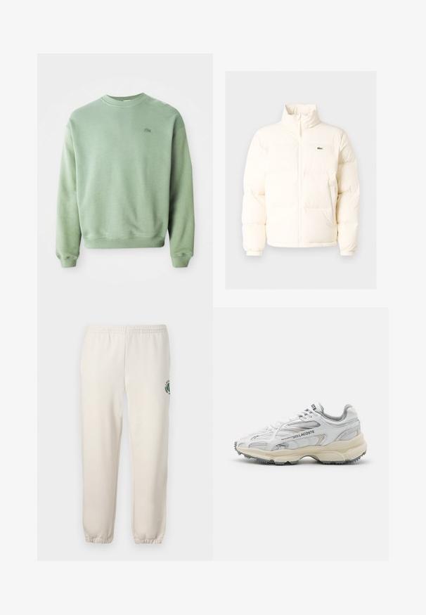Weiße Daunenjacke mit hohem Kragen, ausgestattet mit einem Frontreißverschluss, elastischen Bündchen und einem kleinen grünen Logo auf der linken Brust.; Hellgrüner Rundhalsausschnitt-Pullover mit langen Ärmeln und kleinem gesticktem Krokodil-Logo auf der linken Brust.; Helle beige Sweatpants aus Baumwolle mit einem elastischen Bund, gerippten Bündchen und einem grünen Logo mit Blattdesign am linken Bein.; Weiße Sportschuhe mit grauen Akzenten, Obermaterial aus Mesh und Synthetik, Schnürdesign und rutschfester Gummisohle mit Strukturmustern.