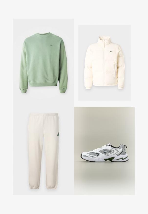 Witte pufferjack met een hoge kraag, voorzien van een ritssluiting aan de voorkant, elastische boorden en een klein groen logo op de linkerborst.; Lichtgroene crewneck sweatshirt met lange mouwen en een klein geborduurd krokodillenlogo op de linkerborst.; Lichtbeige sweatpants van katoen, met een elastische tailleband, geribde boorden en een groen logo met een bladerenontwerp op het linkerpand.; Witte en grijze sportieve hardloopschoen met meshpanelen, groene accenten, zwarte details en een logo aan de zijkant, getoond vanaf de buitenkant.