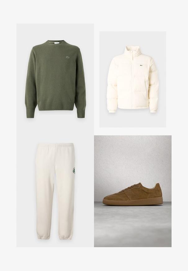 Chaqueta acolchada blanca con un alto cuello, que presenta una cremallera frontal, puños elásticos y un pequeño logotipo verde en el lado izquierdo del pecho.; Suéter de punto verde oliva con cuello redondo, puños y dobladillo acanalados, y un pequeño logo bordado en el lado izquierdo del pecho.; Pantalones de chándal de color beige claro, hechos de algodón, con una cinturilla elástica, puños acanalados y un logo verde con diseño de hoja en la pierna izquierda.; Zapatilla deportiva de ante marrón con cordones color beige y suela de goma. Presenta una puntera redondeada y detalles cosidos en la parte superior. Diseño ligero.
