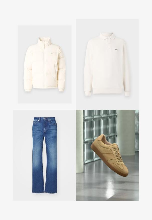 Witte pufferjack met een hoge kraag, voorzien van een ritssluiting aan de voorkant, elastische boorden en een klein groen logo op de linkerborst.; Lange mouwen polo shirt in lichtroomcreme met een textuurgebreide stof, voorzien van een drie-knoopsluiting en een groene geborduurde logo op de borst.; Blauwe denim jeans met een rechte pijpdesign, voorzien van een vervaagd effect, vijf zakken en een knoop- en ritssluiting bij de taille.; Beige suède sneaker met rubberen zool, veterdesign, zwevend binnenshuis op gepolijst betonnen vloer nabij een glasblokmuur.