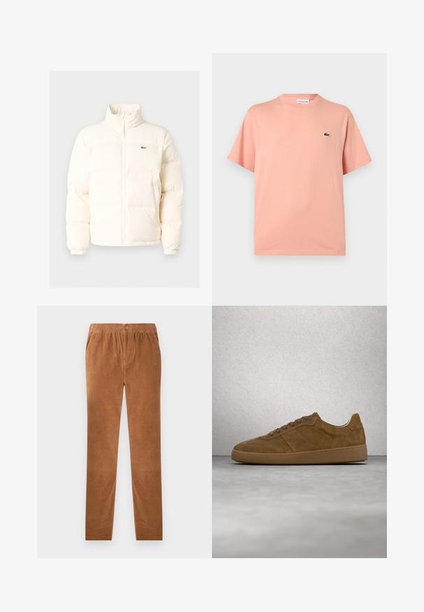 Hvid pufferjakke med høj krave, der har en frontlynlås, elastiske manchetter og et lille grønt logo på venstre bryst.; Lyserød Lacoste T-shirt med korte ærmer, rund halsudskæring og lille grønt krokodillelogo på venstre bryst.; Brune fløjlsbukser med elastisk talje, der har en knaplukning. Lige ben design og blødt, tekstureret stof.; Brun ruskindsneaker med tanfarvede snørebånd og gummisål. Har en rundet snude og synlige stikninger på overdelen. Letvægtsdesign.