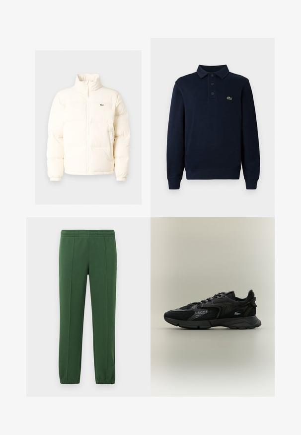 Weiße Daunenjacke mit hohem Kragen, ausgestattet mit einem Frontreißverschluss, elastischen Bündchen und einem kleinen grünen Logo auf der linken Brust.; Navyblaues Langarm-Polohemd mit Knopfleiste und kleinem grünen Krokodil-Logo auf der Brust.; Grüne Jogginghose aus weichem Material; mit Gummizugbund, schmal zulaufenden Beinen und einem kleinen Logo an der Seite.; Schwarzer Lacoste-Sneaker mit Netz- und Wildlederpaneelen, schwarzer Sohle, Schnürsenkeln, Logo und Koordinatentext an der Seite auf einem schlichten beigen Hintergrund.