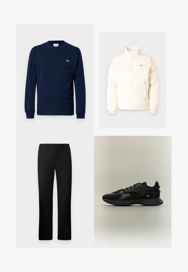 Chaqueta acolchada blanca con un alto cuello, que presenta una cremallera frontal, puños elásticos y un pequeño logotipo verde en el lado izquierdo del pecho.; Camiseta de manga larga azul marino hecha de algodón, con cuello redondo y un pequeño logo de cocodrilo verde en el lado izquierdo del pecho.; Pantalones negros ajustados con un diseño de pierna recta, hechos de una tela suave. Las características incluyen un frente plano y una cinturilla de altura media.; Zapatilla negra Lacoste con paneles de malla y ante, suela negra, cordones, logo y texto de coordenadas en el lateral sobre un fondo beige liso.