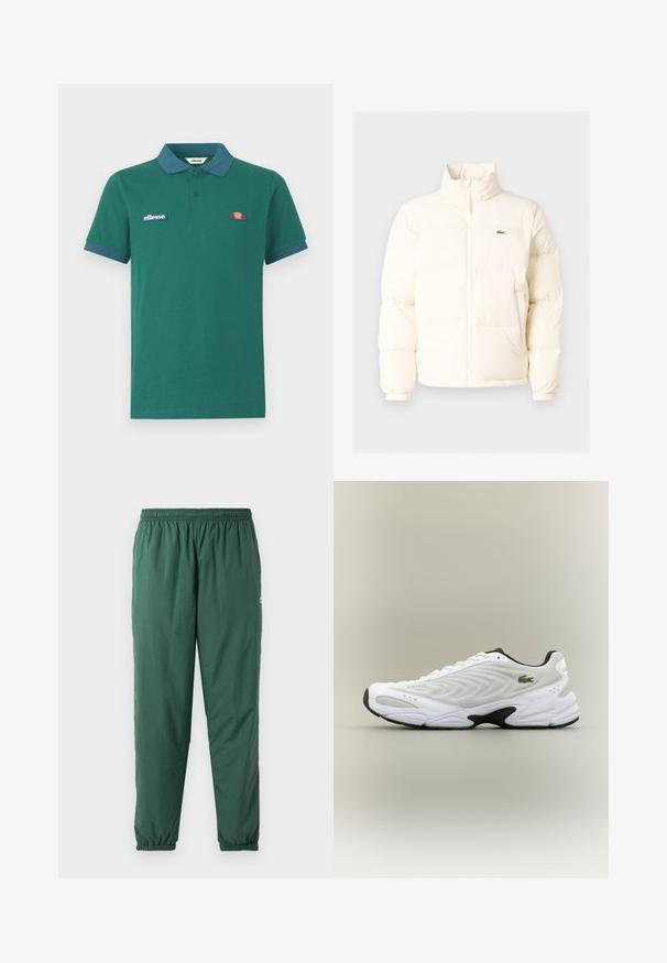 Hvid pufferjakke med høj krave, der har en frontlynlås, elastiske manchetter og et lille grønt logo på venstre bryst.; Grøn polo shirt lavet af bomuld med en kontrasterende blå krave og manchetter. Har et broderet logo og et lille farverigt design på brystet.; Grønne, lette, elastiske bukser med en rynket talje og manchetter, lavet af et glat, vandafvisende materiale.; Hvide atletiske sko med tekstureret mesh-overdel, buet design og kontrasterende sort ydersål. Har en grøn broderet logo på siden.