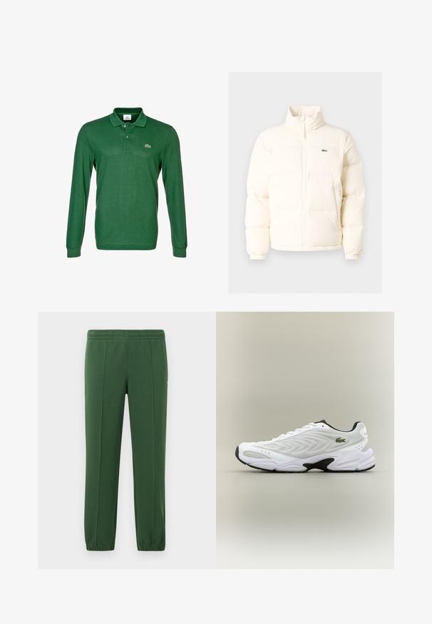 Witte pufferjack met een hoge kraag, voorzien van een ritssluiting aan de voorkant, elastische boorden en een klein groen logo op de linkerborst.; Groene lange mouwen polo shirt van zacht materiaal. Voorzien van een drie-knopen sluiting en een klein geborduurd logo op de borst.; Groene joggingbroek van zacht materiaal; heeft een elastische tailleband, taps toeloopende pijpen en een klein logo aan de zijkant.; Witte sportieve schoen met een textuur van gaas bovenwerk, gebogen ontwerp en contrasterende zwarte zool. Heeft een groen geborduurd logo aan de zijkant.