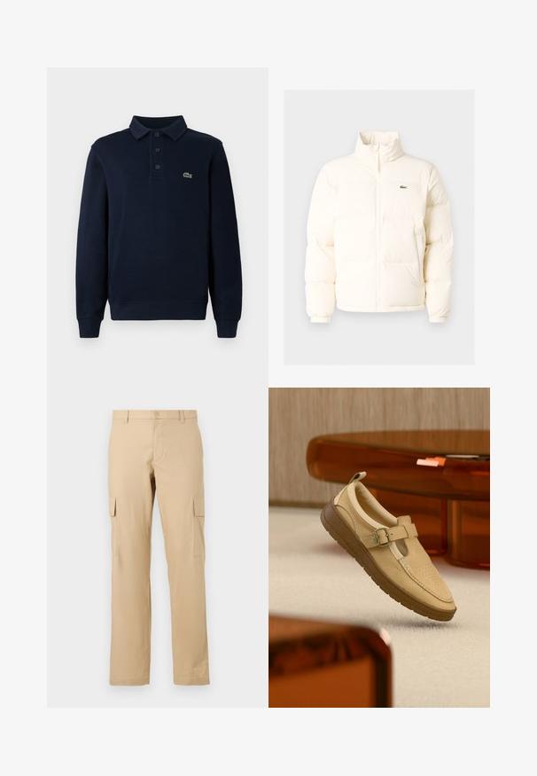 Witte pufferjack met een hoge kraag, voorzien van een ritssluiting aan de voorkant, elastische boorden en een klein groen logo op de linkerborst.; Marineblauwe lange mouwen polo shirt met knoopsluiting en klein groen krokodillenlogo op de borst.; Beige cargobroek van katoen met een rechte snit, voorzien van zijzakken en een knoopsluiting in de taille. Glad materiaal, geen patronen.; Beige leren instapschoen met gespsluiting en bruine rubberen zool, zwevend boven een licht tapijtvloer en in de buurt van amberkleurig doorschijnend meubilair.