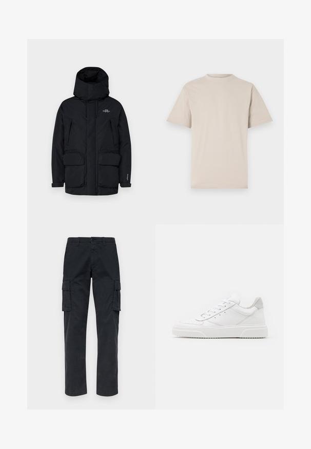 Zwarte geïsoleerde parka-jas met een hoge kraag, verstelbare capuchon, twee grote voorzakken en een ritszak aan de zijkant voor opbergruimte.; Beige t-shirt met korte mouwen, ronde hals, gemaakt van een gladde katoenstof, met een relaxed fit en zonder zichtbare patronen of versieringen.; Zwarte cargobroek van stevig materiaal, voorzien van twee zijzakken, rechte pijpen en een knoopsluiting bij de taille.; Witte leren sneakers met een gladde afwerking, ronde neus, platte veters en een gestructureerde zool. Grijze suède accent bij de hiel.