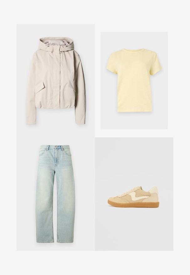 Veste à capuche beige clair avec fermeture éclair à l'avant, poches à rabat et cordons réglables sur la capuche, présentée sur un fond blanc.; T-shirt jaune clair à manches courtes et col rond, au design uni, affiché sur un fond plat gris clair.; Jean taille haute bleu clair, coupe droite, avec bouton à l'avant et poches, présenté sur un fond blanc uni.; Sneaker beige avec des matériaux en daim et en maille, forme arrondie, col rembourré proéminent et semelle en caoutchouc gomme. Présente un accent de design en forme de vague.
