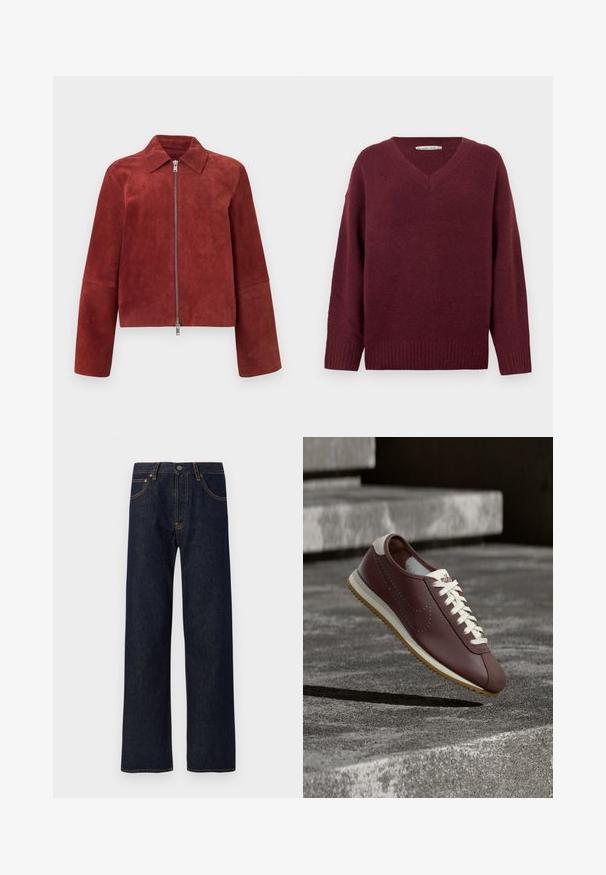 Veste en daim rouge rouille avec fermeture éclair argentée à l'avant et col pointu, manches longues et ourlet droit.; Pull col en V bordeaux en matière douce et texturée, avec manches larges et ourlet côtelé. Design simple et classique sans ornements.; Jean denim droit bleu foncé avec surpiqûres orange visibles, bouton frontal et cinq poches, présenté sur un fond blanc.; Baskets Nike bordeaux avec lacets blancs et semelle beige suspendues au-dessus de marches en béton gris en plein air.
