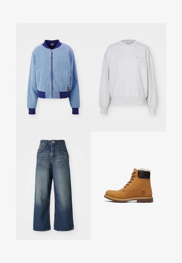 Blauwe corduroy bomberjack met een marineblauwe geribde kraag en manchetten, voorzien van een ritssluiting aan de voorkant en zijzakken.; Carhartt WIP CASEY - Sweater - ash heather/silver; Wijd uitgesneden denim jeans in een middelgrote blauwe wassing, met frontzakken, een knoop- en ritssluiting, en subtiele vervaging op de dijen.; Tan leren enkellaars met een bruine verhoogde kraag, metalen oogjes en een gestructureerde, duurzame zool. Bevat een logo nabij de hak.