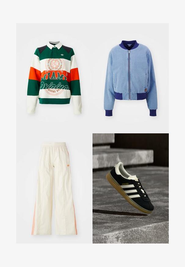 Blå corduroy bomberjakke med en marineblå ribbet krave og manchetter, med front lynlås og sidelommer.; Grøn, hvid og orange stribet sweatshirt med krave. Har et University of Miami-logo og tekst samt et Adidas trefoil-emblem.; Cremefarvede bredde benbukser med elastisk talje, der har orange side-striber og et lille orange logo foran.; Sort Adidas München-sneaker med hvide striber og gummisål svævende over ribbet betontrappe.