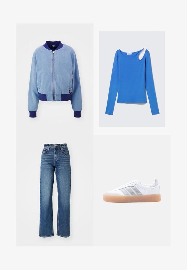 Veste bomber en corduroy bleu avec col et poignets côtelés navy, dotée d'une fermeture éclair à l'avant et de poches latérales.; Haut bleu à manches longues en tissu doux, avec une découpe unique à l'épaule et un col rond. Design épuré, style minimaliste.; Jeans taille haute, à jambe large en denim bleu. Comprend cinq poches, une fermeture à bouton et un dégradé subtil sur le tissu.; Baskets basses blanches avec semelle gomme, accents argentés rayés sur le côté, et fermeture à lacets, présentées sur un fond clair uni.