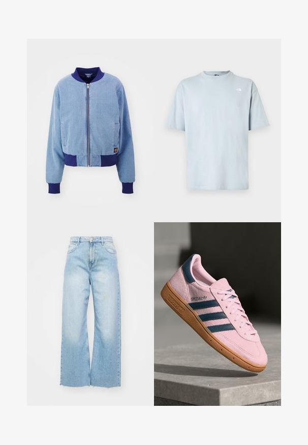 Blå corduroy bomberjakke med en marineblå ribbet krave og manchetter, med front lynlås og sidelommer.; Lyseblå kortærmet T-shirt lavet af bomuld. Rund hals, afslappet pasform, med et lille hvidt logo på venstre bryst. Glat tekstur.; Lyseblå vidde jeans lavet af denim, med høj talje, falmede detaljer, knaplukning og rå kant i bunden.; Lyserød ruskindssneaker med marineblå tre striber, gummisål og lyserøde snørebånd. Har "SPEZIAL"-branding på siden.