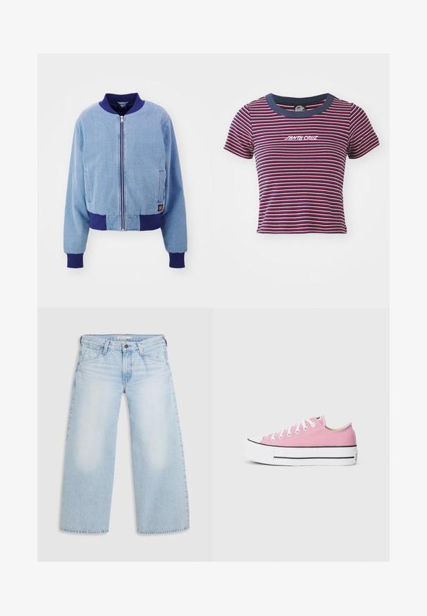 Blaue Cordjacke im Bomber-Stil mit einem marineblauen gerippten Kragen und Bündchen, ausgestattet mit einem Reißverschluss und seitlichen Taschen.; Gestreiftes Kurzarm-T-Shirt in Marineblau, Rot und Pink. Verfügt über einen einfarbigen marineblauen Halsausschnitt und ein gesticktes "SANTA CRUZ"-Logo auf der Vorderseite.; Helle blaue weite Jeans aus Denim. Mit geradem Schnitt, Fünf-Taschen-Design und einem Knopfverschluss am Bund.; Rosa Leinenschuhe mit klassischem Niedrigprofil, weißer Gummi-Zehenkappe und schwarzen Akzentstreifen an der Sohle. Flache weiße Schnürsenkel.