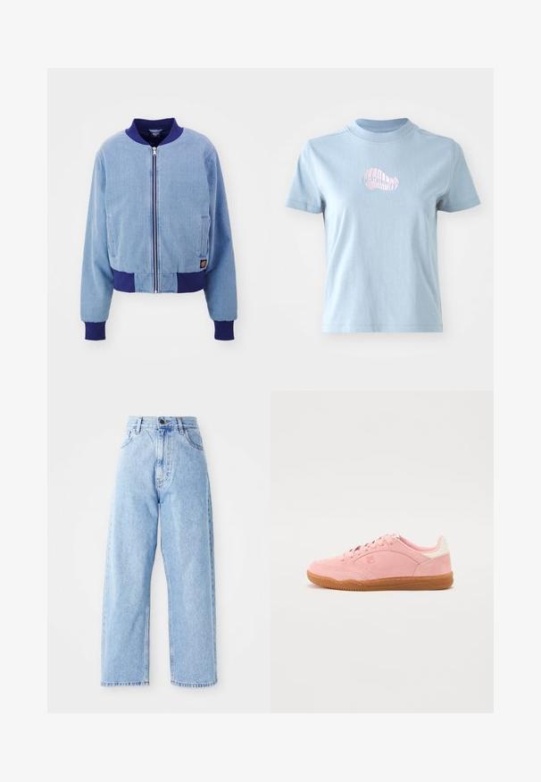 Blauwe corduroy bomberjack met een marineblauwe geribde kraag en manchetten, voorzien van een ritssluiting aan de voorkant en zijzakken.; Lichtblauw katoenen T-shirt met korte mouwen en een hoge hals, met een klein roze geborduurd schelpdierontwerp aan de voorkant.; Hogewaisted lichtblauwe denim jeans met rechte wijde pijpen, voorste knoop, ritssluiting en voor- en achterkant zakken.; Roze suède sneakers met een gumrubberen zool, met een ronde neus, vetersluiting en een contrasterende witte accenten op de hiel.