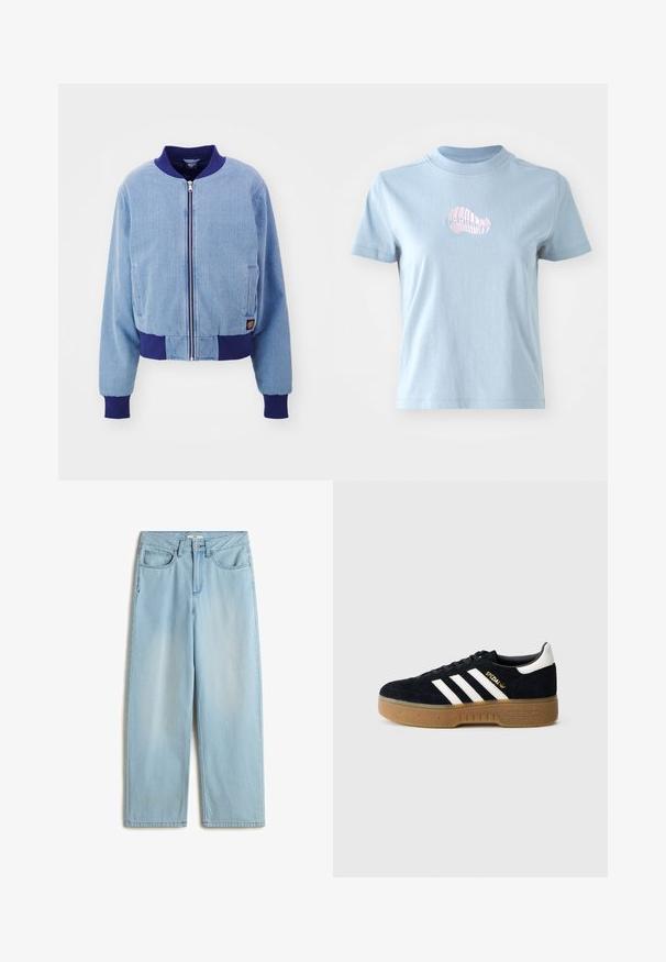 Blaue Cordjacke im Bomber-Stil mit einem marineblauen gerippten Kragen und Bündchen, ausgestattet mit einem Reißverschluss und seitlichen Taschen.; Helles blaues Baumwoll-T-Shirt mit kurzen Ärmeln und hohem Ausschnitt, das auf der Vorderseite ein kleines pinkes besticktes Muschel-Design zeigt.; Helles blaugraues, hoch geschnittenes, weit geschnittenes Jeansmodell aus Denim, mit fünf Taschen, einem Reißverschluss und subtilen Verfärbungen an den Beinen.; Schwarzer Wildledersneaker mit weißen drei Streifen und goldfarbenem Logo. Gummisohle mit strukturiertem Grip. Klassisches Low-Top-Design, abgerundete Zehenkappe.