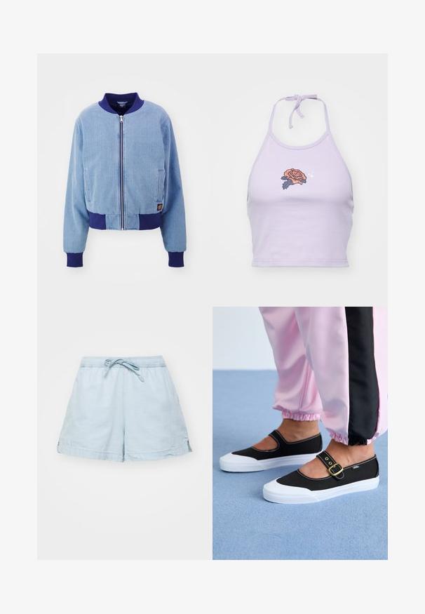Blauwe corduroy bomberjack met een marineblauwe geribde kraag en manchetten, voorzien van een ritssluiting aan de voorkant en zijzakken.; Lila halter crop top van katoen, met een rozenborduursel in oranje en marineblauw, met een striksluiting bij de hals.; Lichtblauwe, lichte shorts met een elastische tailleband en trekkoord. Voorzien van zijzakken en een relaxte pasvorm, gemaakt van zachte stof.; Zwarte canvas schoenen met een witte zool, met een uitgesneden ontwerp en een gouden gespband. Draagt met roze joggingsbroek.