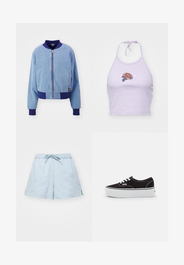 Blauwe corduroy bomberjack met een marineblauwe geribde kraag en manchetten, voorzien van een ritssluiting aan de voorkant en zijzakken.; Lila halter crop top van katoen, met een rozenborduursel in oranje en marineblauw, met een striksluiting bij de hals.; Lichtblauwe, lichte shorts met een elastische tailleband en trekkoord. Voorzien van zijzakken en een relaxte pasvorm, gemaakt van zachte stof.; Zwarte canvas sneaker met een witte rubberen platformzool, voorzien van witte veters en stiksels, iconische branding op de zijkant, low-top ontwerp.