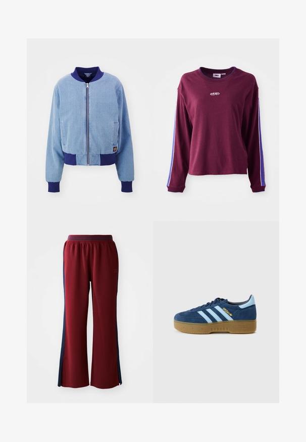 Sininen corduroy-takki, jossa on tummansininen ribbikaarroke ja hihansuut, etu vetoketjukiinnitys ja sivutaskut.; Burgundy pitkähihainen paita, joka on valmistettu puuvillasta. Paidassa on sinisiä ja valkoisia raitoja hihansuissa sekä logo keskellä. Normaali istuvuus.; Punainen collegehousut, joissa on tilava malli, navy blue -väriset sivuraidat ja leveät lahkeet. Mukava kuminauha vyötäröllä.; Laivastonsininen mokkanahkainen tennari, jossa vaaleansiniset raidat, pyöreä kärki ja kuminahkainen pohja. Kulta "Spezial" -logo sivulla, klassinen Adidas-muotoilu.