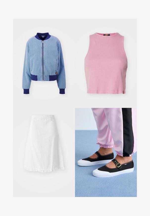 Modrá kordurová bomber bunda s námorníckym rebrovaným golierom a manžetami, s predným zipom a bočnými vreckami.; Ružový rebrovaný crop top s okrúhlym výstrihom a bezrukávovým dizajnom. Má lemovanie končiace tesne nad pásom.; Biele sukne s elastickým pásom, s textúrovaným vzorom a volánom na spodnej časti. Jednoduchý A-liner dizajn.; Čierne plátenné topánky s bielou podrážkou, s výrezovým dizajnom a zlatým prackovým remienkom. Nosené s ružovými teplákmi.